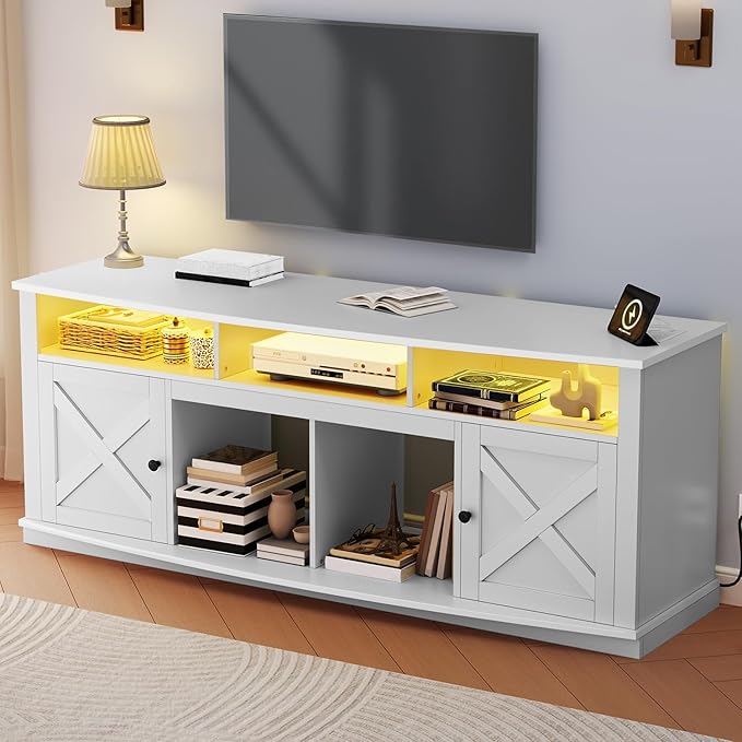 YITAHOME TV Stand for 75/80 Inch TV, White Entertainment Center 70 Inches Wide, Media Furniture TV Table with with Power Outlet, TV Consoles for Living Room, Curved Desktop