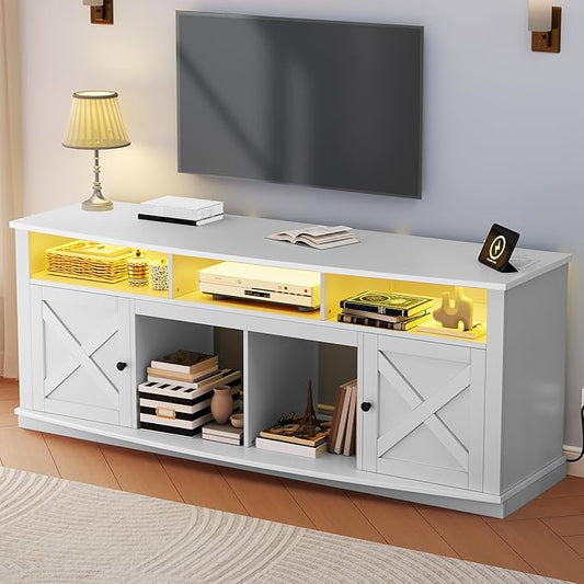 YITAHOME TV Stand for 75/80 Inch TV, White Entertainment Center 70 Inches Wide, Media Furniture TV Table with with Power Outlet, TV Consoles for Living Room, Curved Desktop