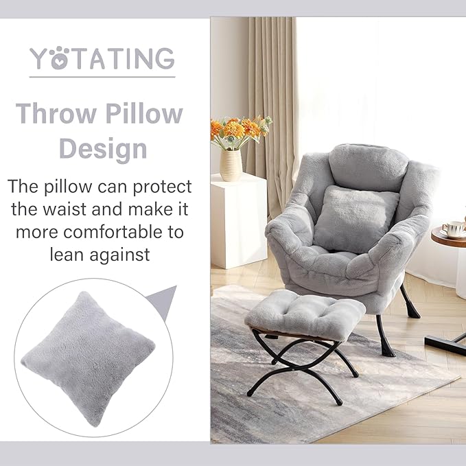 Lazy Chair with Ottoman, Comfy Reading Lounge Chair with Footstool & Throw Pillow Modern with Armrests & Side Pocket for Living Room, Bedroom, Dorm Room, Plush Grey