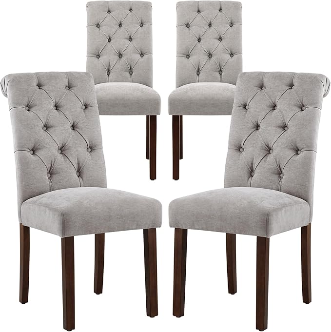 COLAMY Button Tufted Dining Chairs Set of 4, Parsons Upholstered Fabric Dining Room Chairs Kitchen Chairs with Wood Legs and Padded Seat, Light Grey