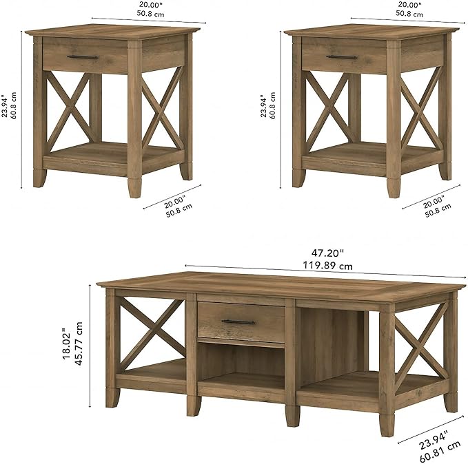 Bush Furniture Key West Coffee Table with Set of 2 End Tables in Reclaimed Pine