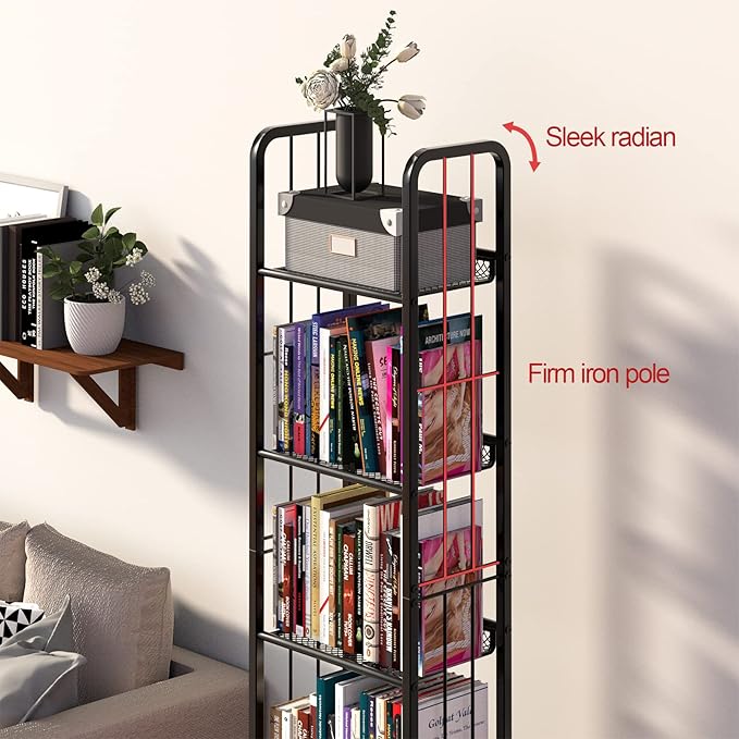 Bookshelf Storage Shelf Bookcase Freestanding Storage Stand for Living Room, Bedroom, Kitchen Rust Resistance Easy Assembly Free Combination Multi-Functional Organizer (5 Tiers, Black)