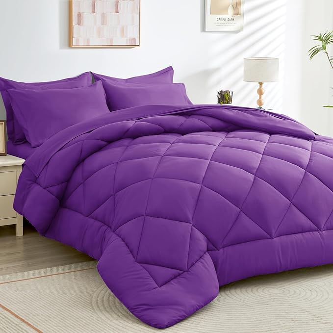 HEVUMYI Purple Cali-King Comforter Set - 7-Piece All Season Bed in a Bag Cali-King, Ultra Soft Bedding Set with Comforter, Flat Sheet, Fitted Sheet, Pillowcases, Pillow Shams