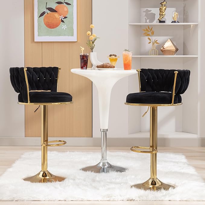 VECELO Bar Stools Set of 2, Adjustable Barstools Counter Height Stools with Back and Arm, Velvet Woven Kitchen Island Stools w/Gold Metal Leg & Base, 360° Swivel Bar Chair for Pubs Dining Room, Black