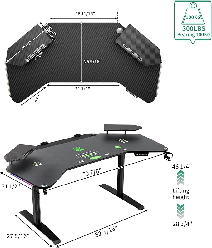 JWX Dual Motor Standing Gaming Desk with Aluminum Alloy Led Lights, 72'' Wing Shaped Large Gaming Studio Music Desk with Slot Design Shelves, for Streamer, Social Media Influencer & Music Recording