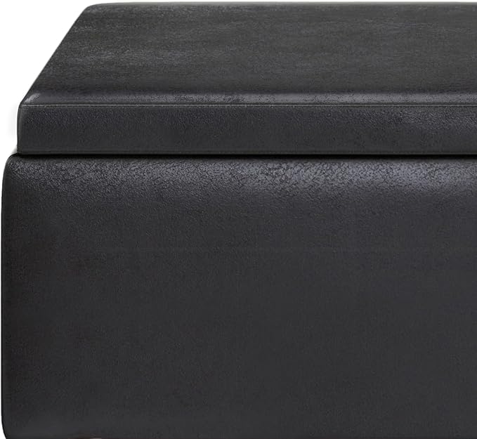 SIMPLIHOME Owen 34 inch Wide Mid Century Modern Rectangle Tray Top Small Coffee Table Storage Ottoman in Distressed Black Vegan Faux Leather, Assembled, for the Living Room, Entryway and Family Room
