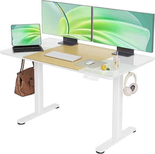 INNOVAR Glass Standing Desk, 48 x 24 Inches Height-Adjustable Desk, Tempered Glass and Wooden Top, Quick Install Home Office Stand Up Desk with 4 Presets, White Glass and Natural Wood