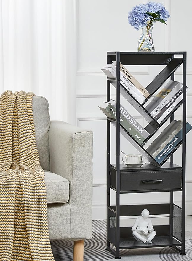 Bookshelf with Drawer,8 Tier Tree Bookcase Retro Floor Standing Bookshelves,Tall Wood Bookcases with Cabinet Storage Organizer for Living Room, Bedroom & Home Office, Black