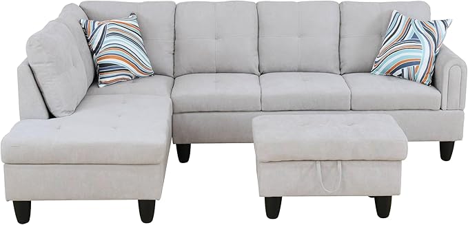 NicBex Sectional Couch 3 Pieces Sofa Set with Right Chaise Flannel L Shaped Cloud Couch for Living Room Furniture Sets with Storage Ottoman, Modular Sofa for Living Room & Apartment, Light Grey