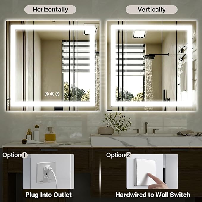 47"x 47" LED Bathroom Mirror, Backlit + Front Lit, LED Bathroom Mirror with Lights for Wall, 3 Colors, Anti-Fog, Dimmable Brightness, Memory Function, Tempered Glass