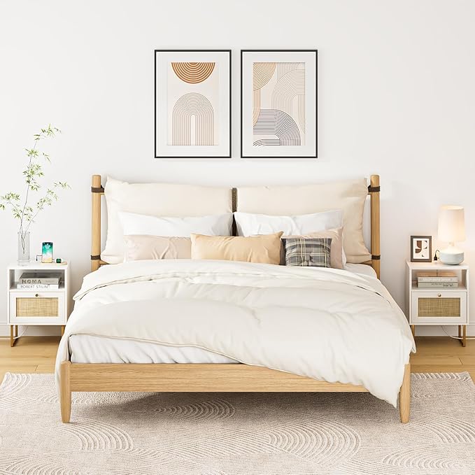 Masupu Rattan Nightstand with Charging Station,Modern Boho Farmhouse Wood Bedside Table with Storage Drawer and Open Shelf,Small Gold Frame Side End Table for Bedroom,Living Room,Office White