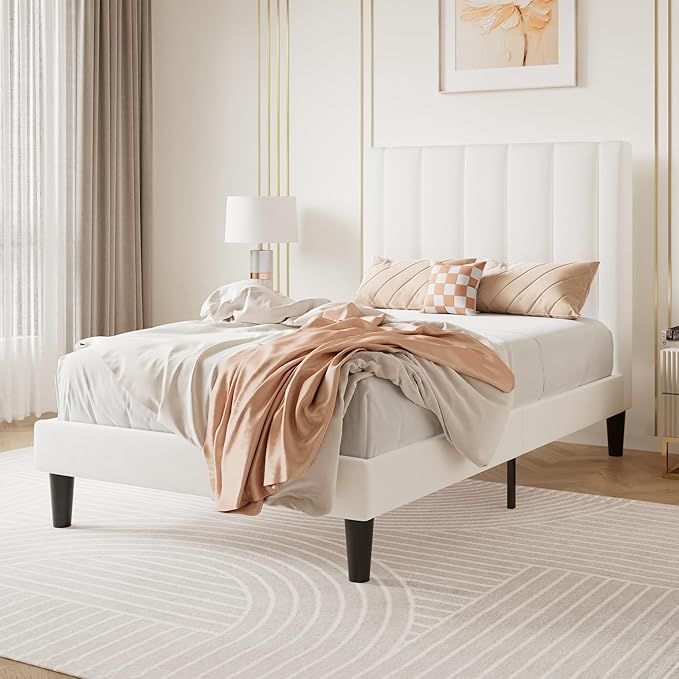 SHA CERLIN Twin Bed Frame/Velvet Upholstered Platform Bed Frame with Headboard/Strong Wood Slats Support/Mattress Foundation/No Box Spring Needed/Easy Assembly/White