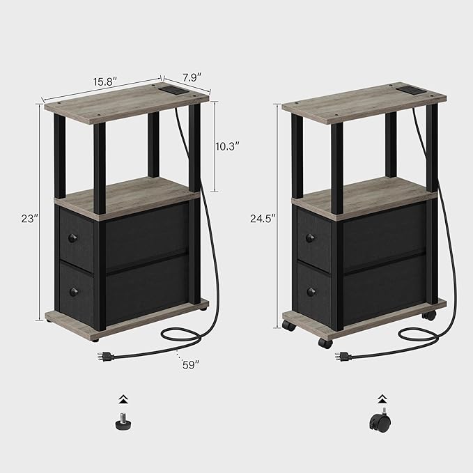 TUTOTAK Small Narrow End Tables, LED Side Tables with 2 Fabric Drawers, Set of 2, Bedside Tables with Charging Station for Small Spaces, Slim Nightstands with USB Ports and Wheels, TB01BG053L