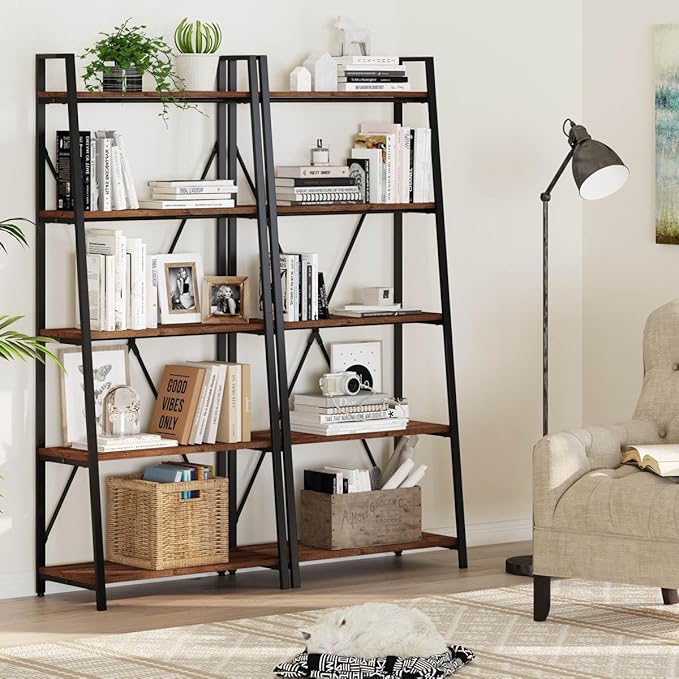 BON AUGURE Ladder Shelf Bookcase, 5-Tier Industrial Ladder Bookshelf, Tall Living Room Shelves, Wood and Metal Leaning Shelf for Home Office, Kitchen, Bedroom, Balcony (Rustic Oak)
