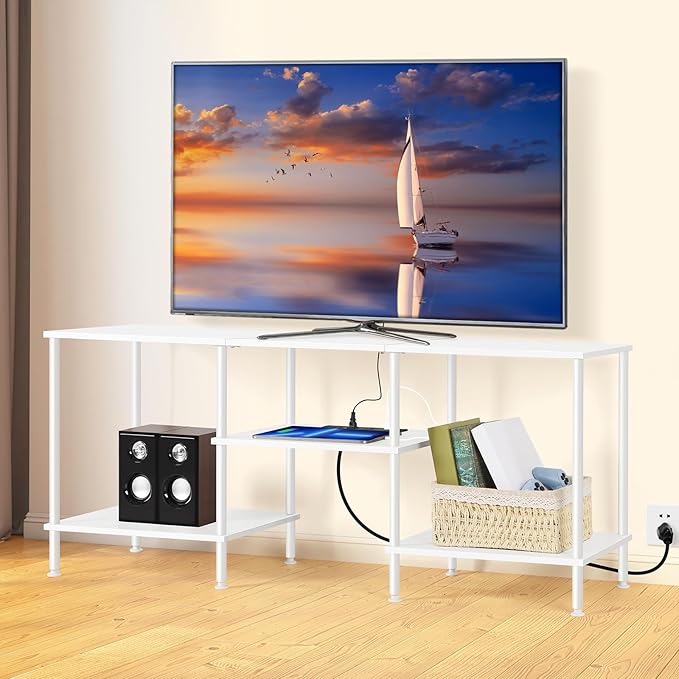 BTY White TV Stand with Storage, Wood Entertainment Center with Power Outlet, 3 Tier Small TV Table with Open Shleves for Living Room, Bedroom, Small Space, up to 50 inch TV