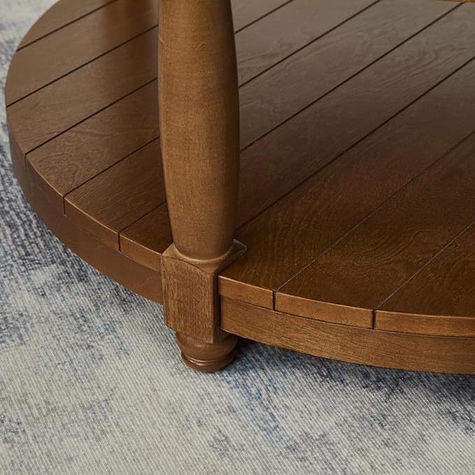 24KF Upholstered Round Coffee Table with Wooden Shelf, Tufted Button Large Round Ottoman with Spindle Wooden Legs, Linen Large Footrest Ottoman Pouf for Living Room, Linen