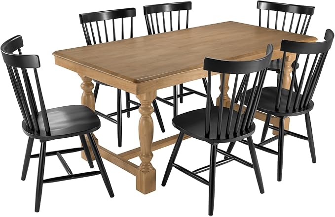 Bush Furniture Rectangular Dining Table Set for 6, with 67 inch Squire Trestle, High Back Spindle Dining Chairs, Farmhouse Transitional, Sterling Collection, Light Brown and Black