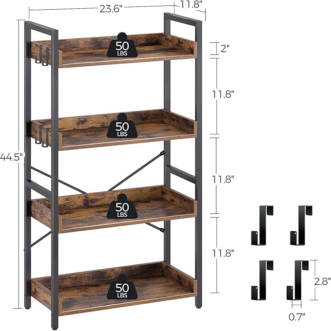 Rolanstar Bookshelf 4 Tier with 4 Hooks, Industrial Bookcase, Vintage Storage Rack with Open Shelves, Rustic Standing Bookshelves Metal Frame Display Rack for Living Room, Bedroom, Rustic Brown
