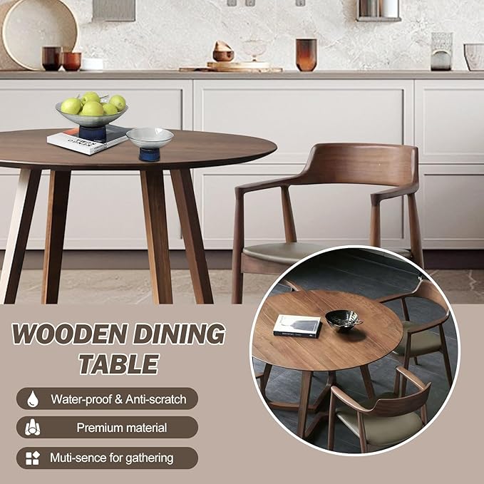 Walnut Round Dining Table for 4, 35.4" Small Wood Round Kitchen Table with Solid Wood Legs, Mid Century Modern Dining Room Tables for Home, Restaurant,Circle Coffee Table for Small Space