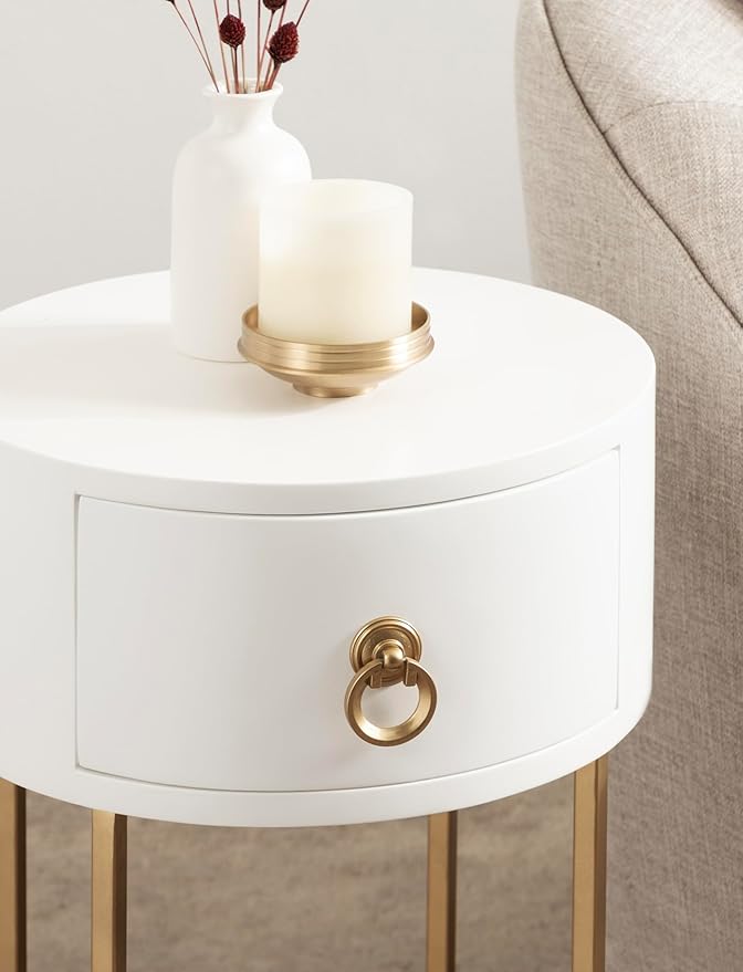 Kate and Laurel Decklyn Decorative Glam Round Side Table, 14 x 14 x 24, White and Gold, Modern Circle Living Room Table with Pull Drawer for Useful Storage