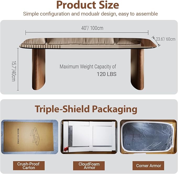 Modern Glass Coffee Table, Coffee Table for Living Room,Tempered Glass-top with Sturdy Wooden Base, Modern Coffee Tables for Small Space, Apartment, Office, Minimalist Design (Walnut)