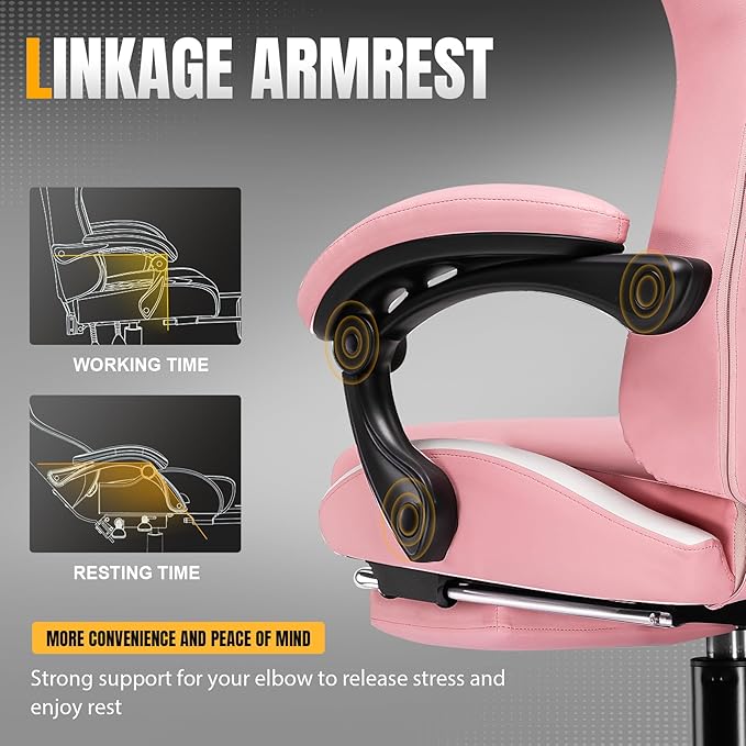 GTRACING Gaming Chair with Foot Rest & Pocket Spring Cushion, Ergonomic High Back Computer Chair with Headrest & 360°-Swivel Seat for Home Office Desk, PU Leather, Pink