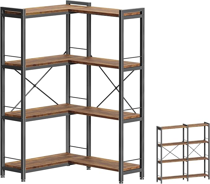 Huuger 4 Tier Bookshelf, L Shaped Corner Bookshelf with 8 Open Shelves, 49.4 Inch Straight Wide Bookcase with Metal Frame and Wooden Board, Adjustable Feet, Rustic Brown