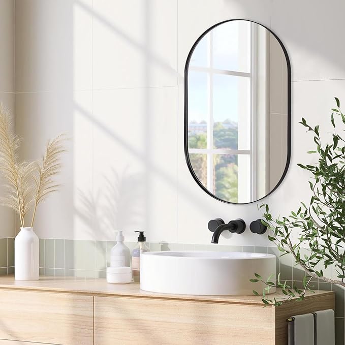 ANDY STAR Black Oval Mirror, 20x33’’ Oval Black Mirror Stainless Steel Metal Pill Mirror for Bathroom, Entryway, Living Room, Contemporary 1" Deep Set Design Wall Mount Hang Vertical or Horizontal