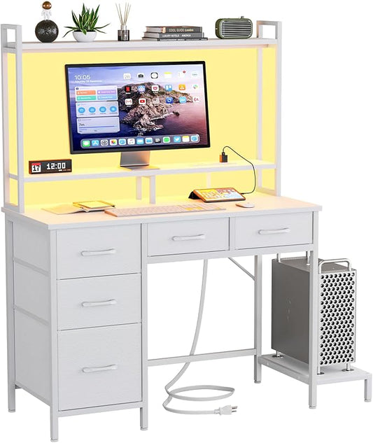 Computer Desk with Hutch, White Gaming Desk with Power Outlets & LED Ligthts & 5 Fabric Drawers, Home Office Desk with 2 Tiers Storage Shelves for Display (White Oak, 39 Inch)