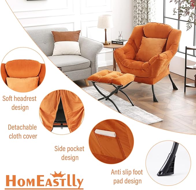 Large Lazy Chair with Ottoman, Accent Reading Chair with a Throw Pillow, Cozy Lounge Chair with Armrest, Leisure Sofa Chair for Living Room, Bedroom, Dorm Room, Velvet Tangerine