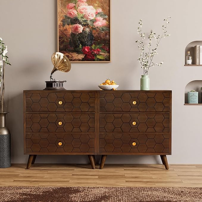 COSIEST Modern End Table w 3 Storage Drawers, Night Stand w Honeycomb Pattern, Small Wood Chest, Accent Cabinet for Bedroom, Living Room(Brown,2 Pieces)