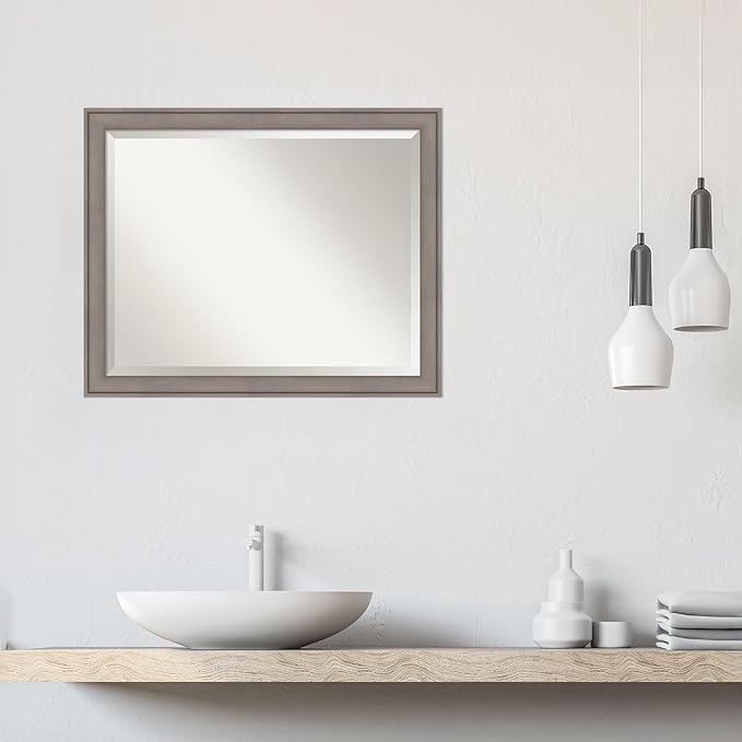 Amanti Art Grey Wall Mirror 26x32 Greywash Rectangle Bathroom Mirror for Wall Decor Living Room, Large Country Rustic Wood Frame, Hangs Horizonally and Vertically, Bathroom Decor, Beveled Edge