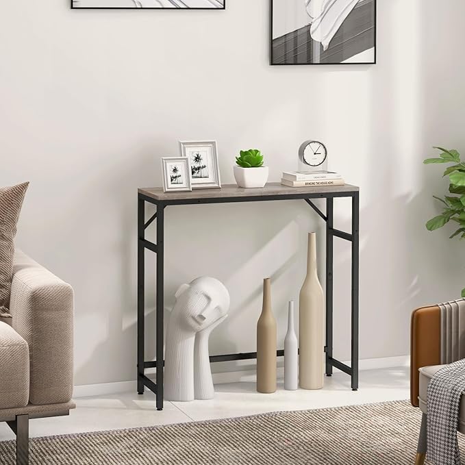 Narrow Console Table, 29.5" Small Entryway Table, Sofa Table with 2 Support Bar, Industrial Couch Table, Thin Side Table, Display Tables for Living Room, Hallway, Bedroom, Foyer, Grey