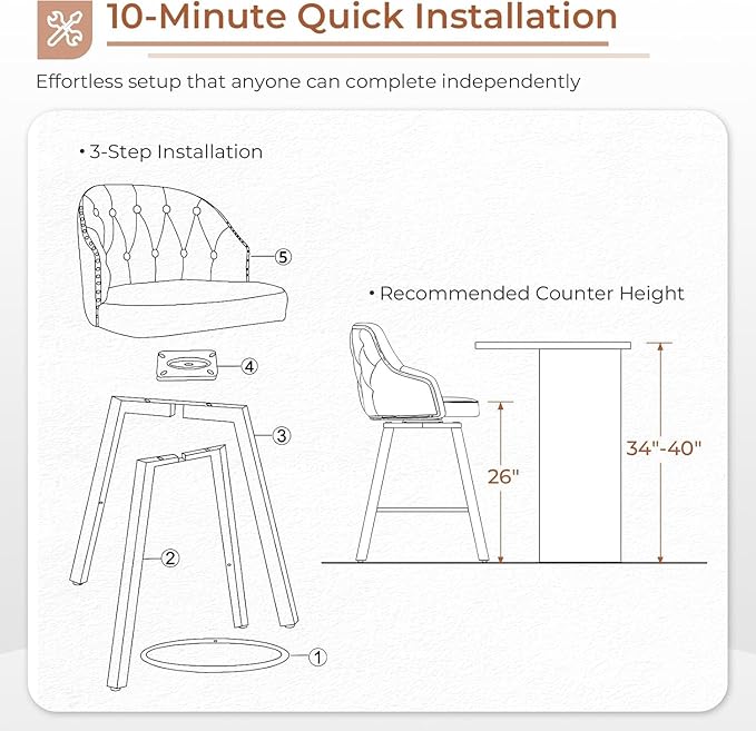 Tatub 26“ Brown Swivel Bar Stools Set of 2, Counter Height Bar Stools with Back, Upholstered Faux Leather Kitchen Barstools Counter Height for Kitchen Island