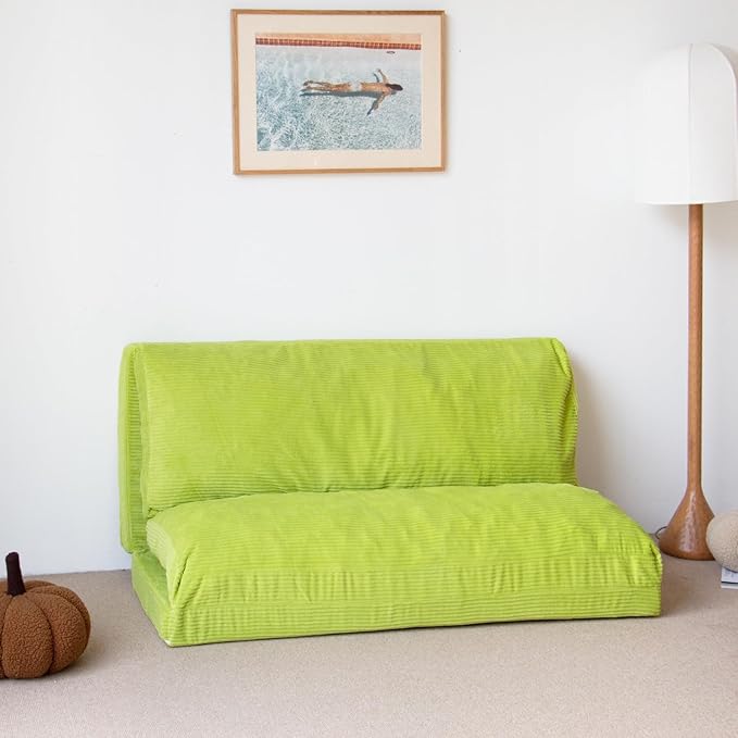 N&V L92×W58 Inch Large Folding Matress Sofa Bean Bag, Foam Filling Folding Matress Sofa, Includes Removable and Machine Washable Cover Patent No.: US D1,018,079 S (Lime, Large Corduoy), 94024