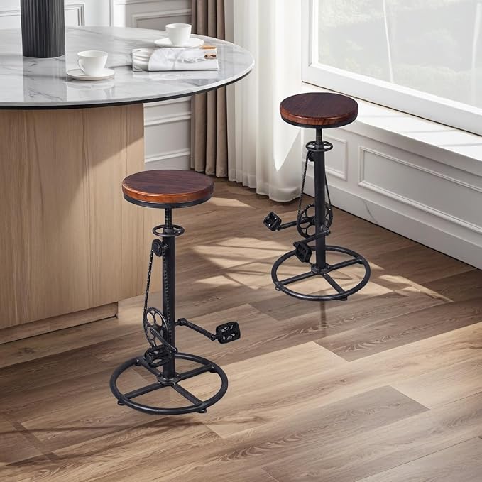 Set of 2 Industrial Bar Stool-Swivel Vintage Coffee Kitchen Dining Island Chair-Bike Pedal Footrest-Extra Tall Pub Height Adjustable 29-37"