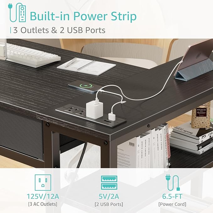 DLisiting Black Corner Desk for Small Space with Drawers, Reversible Gaming L Shaped Computer Desk with Storage Shelves for Kids Boys, Corner Work Study PC Desks for Bedroom