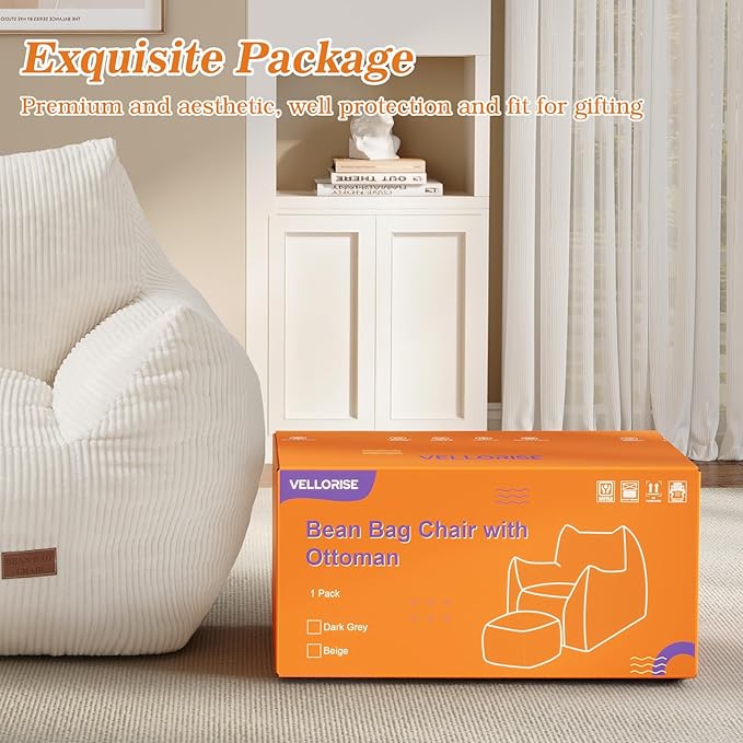Big Bean Bag Chair for Adults & Kids, Ultra Soft Living Room Bean Bag with Armrests & Ottoman, Stuffed BeanBag Floor Sofa for Napping, Gaming, Lounging, Beige