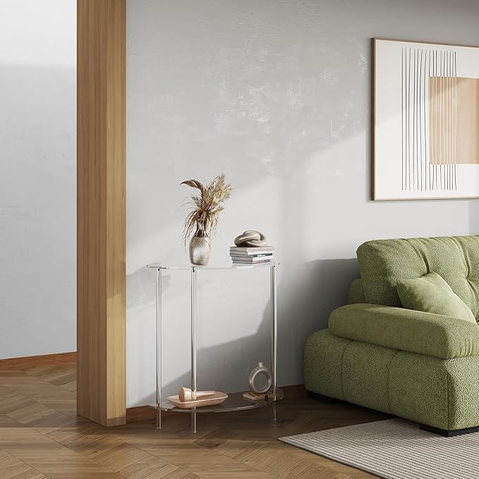 Acrylic Console Table, 2-Tier Half Moon Sofa Couch Table with Storage Shelf, 29.53" Narrow Entryway Table for Bedroom, Living Room, Foyer, Hallway (Clear)