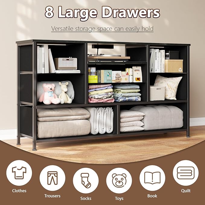 Furnulem Dresser TV Stand with Power Outlet for 55'' Long TV, Entertainment Center with 8 Deep Drawers,Wide Chest of Drawer for Storage in Bedroom,Closet,Living Room,Hallway(Black Oak)