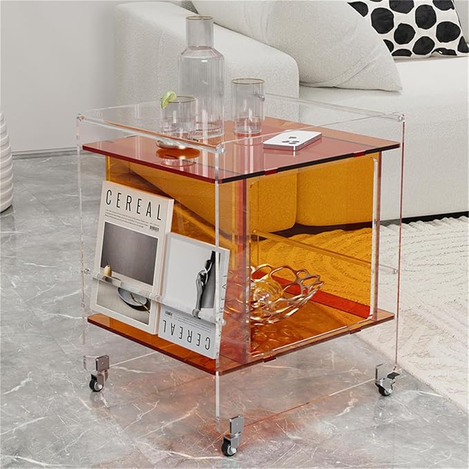 Transparent Acrylic Mobile Side Table with Wheels - Multifunctional Storage & Stylish Home Decor (Orange)