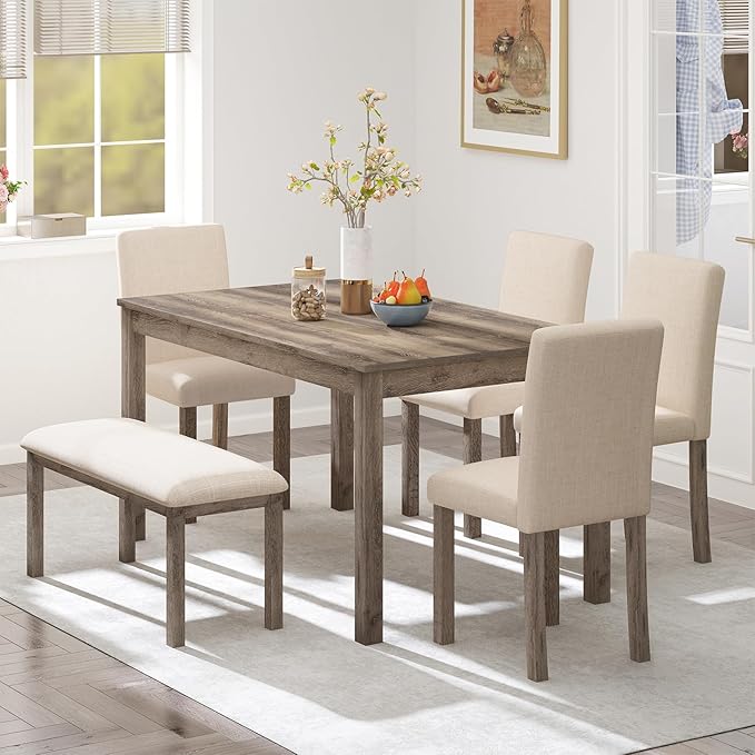 6-Piece Solid Wood Dining Table Set, Including 1 Dining Table, 4 Upholstered Chairs and 1 Bench, Wooden Legs Dining Table Set for Dining Room, Kitchen, Restaurant, Brown