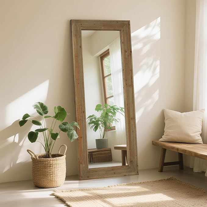 WallBeyond Full Length Mirror Rustic Wood Framed, 24 x 60 inch Farmhouse Wall Mounted Mirror Full Floor Mirror Hanging or Leaning Against Wall, Natural