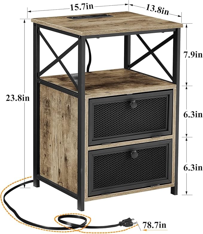 VECELO Grey End Table with USB Ports and Outlets,24 Inch Nightstands with Charging Station and Storage Shelf for Bedroom,Living Room, 2 Set