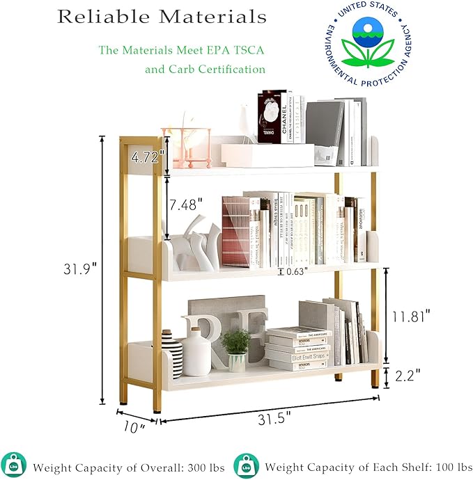 Wide Open Shelf Bookcase - Modern 3-Tier Floor Standing Display Bookshelf with Three-Side Panels for Home and Office, Storage Shelving in Warm White with Gold Frame