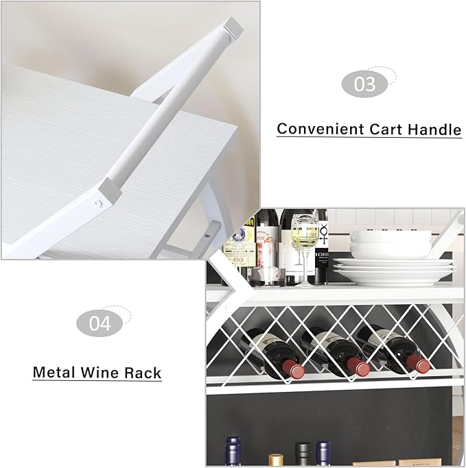 LVB White Bar Cart, Modern Rolling Serving Wine Cart with Storage, Industrial Wood Metal Kicthen Island Beverage Cart with Wheels, Microwave Drink Liquor Cart Table for Home Dining Living, White Oak