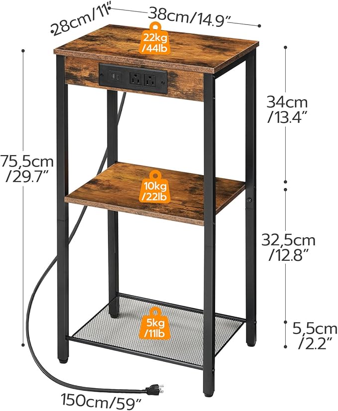 HOOBRO Tall End Tables with Charging Station, Set of 2, 30 Inch Tall Nightstands, 3-Tier Side Tables with Storage Shelves, for Living Room, Bedroom, Hallway, Rustic Brown BF09UDHP201G1