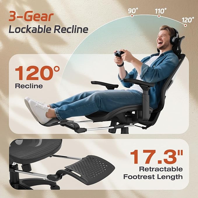 Ergonomic Office Chair, Mesh Desk Chair with Footrest, 3D Armrest - 215° Rotation, Adjustable Lumbar Support & Headrest, 90°-120° Tilt Lock, Big and Tall Computer Gaming Chairs, Black