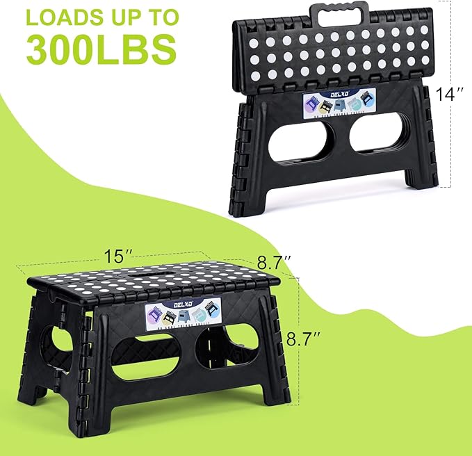 Delxo Folding Step Stool,15-Inch Extra Wide 9 Inch Height Heavy Duty Stepping Stool More Safe and Comfortable Non Slip Foldable Step Stool Black