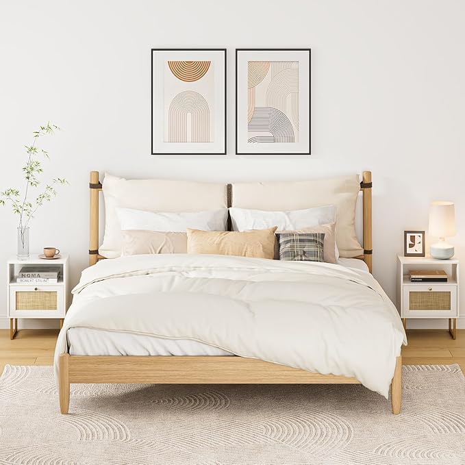 Rattan Nightstand, Boho Night Stand Farmhouse Wood Bedside Table with Storage and Open Shelf, End Side Accent Table for Bedroom,Living Room,White